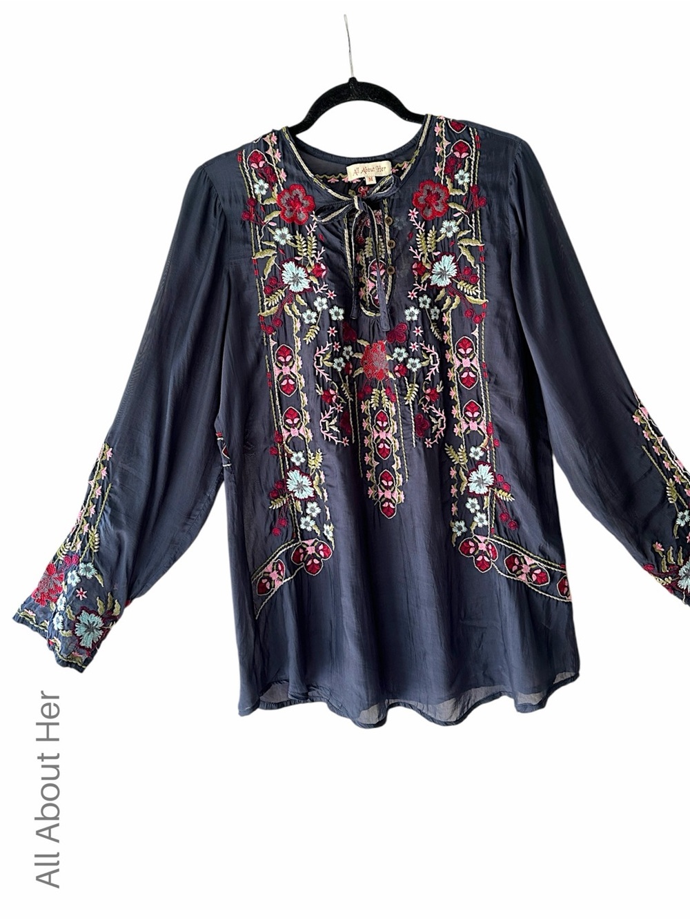 EMBROIDERED NAVY FLORAL BOHO TOP TUNIC TIE NECK SEMI SHEER LONG SLEEVES | MEDIUM